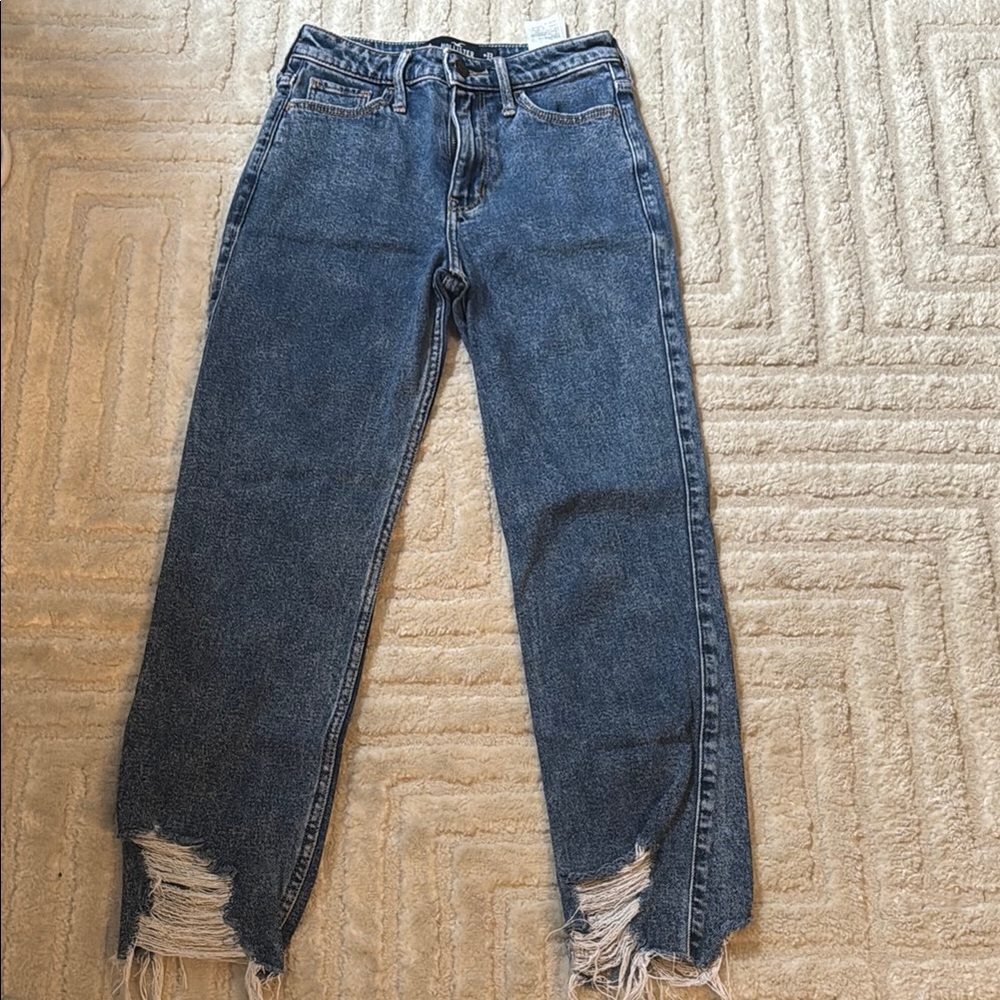Hollister Blue Straight Leg Jeans with Frayed Hem